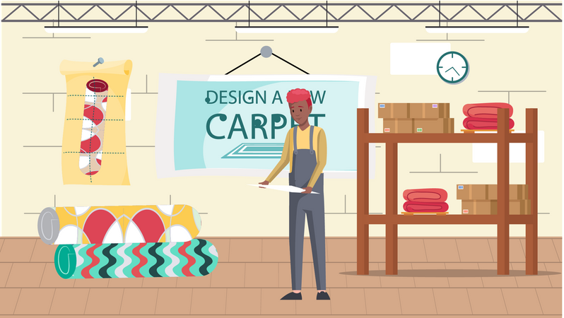 Homem designer decorador escolhe carpete em loja têxtil  Ilustração