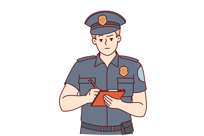 Detetive de homem em uniforme de polícia tomando notas  Ilustração