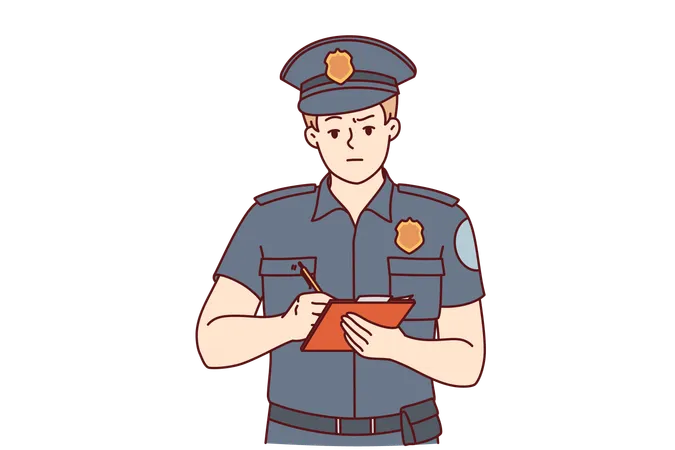 Detetive de homem em uniforme de polícia tomando notas  Ilustração