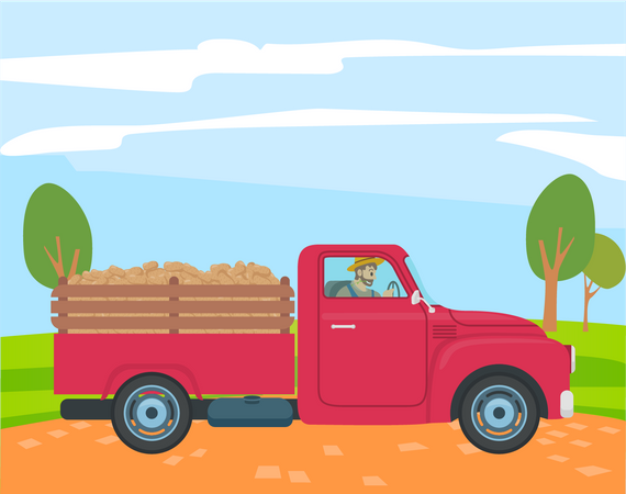 Homem dirige caminhão e entrega vegetais  Ilustração