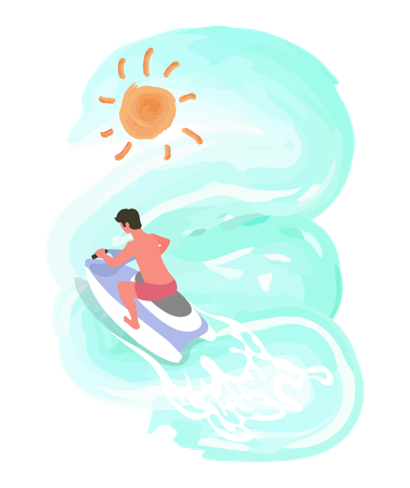 Homem dirigindo jetski nas férias  Ilustração