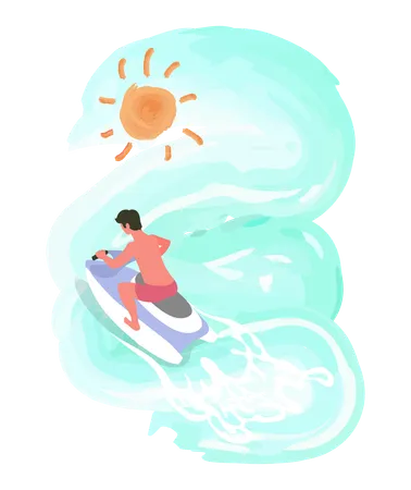 Homem dirigindo jetski nas férias  Ilustração