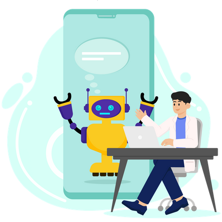 Homem discutindo com chatbot de IA móvel  Ilustração