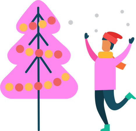 Homem se diverte perto de árvore de Natal decorada  Ilustração