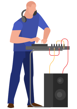 Homem DJ em pé no console de áudio  Ilustração