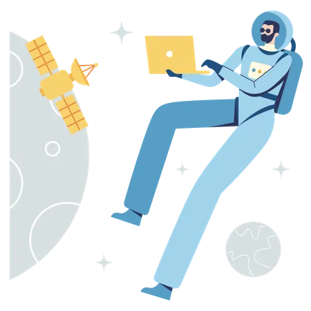 Homem do espaço trabalhando em ciência espacial  Ilustração