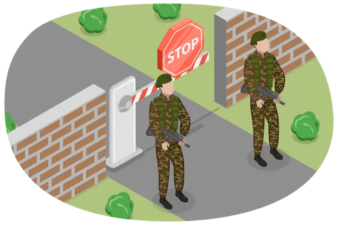 Homem do exército em pé com arma na fronteira fechada  Ilustração