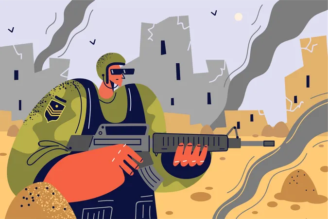 Homem do exército segurando arma  Ilustração