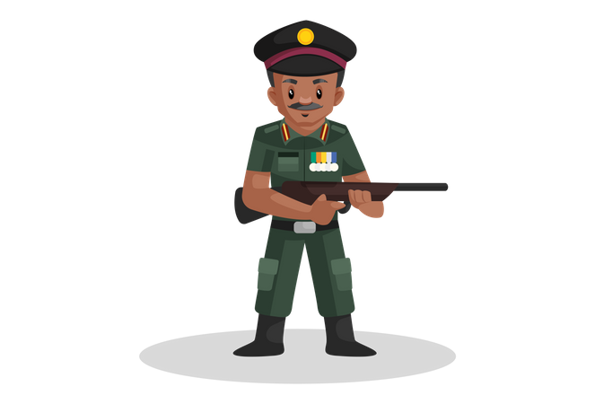 Homem do exército segurando uma arma na mão  Ilustração