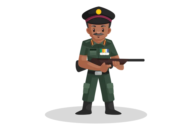 Homem do exército segurando uma arma na mão  Ilustração