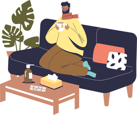 Homem doente com gripe em casa  Ilustração