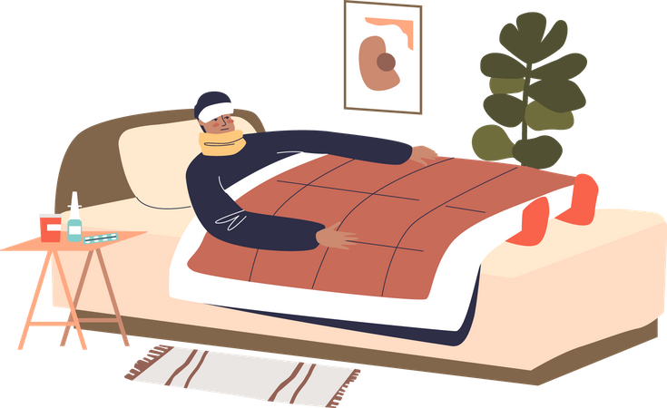Homem doente deitado na cama sofre de febre  Ilustração