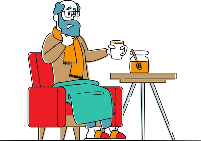 Homem triste e doente sentado em uma poltrona bebendo bebida quente  Ilustração