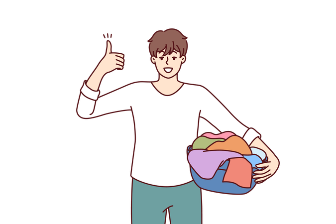 Homem chefe de família com roupa suja na bacia mostra polegares para cima, recomendando sabão em pó de qualidade  Ilustração