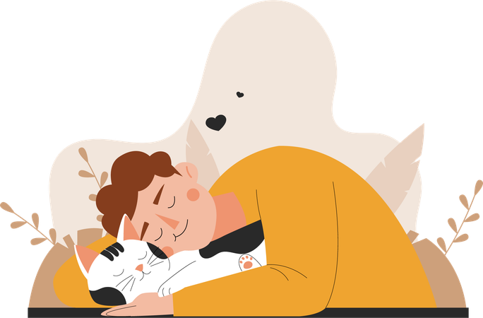 Homem dorme com gato  Ilustração