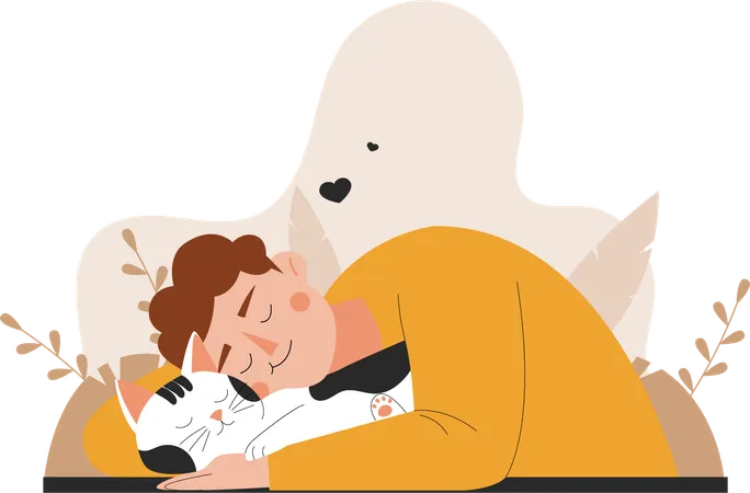 Homem dorme com gato  Ilustração