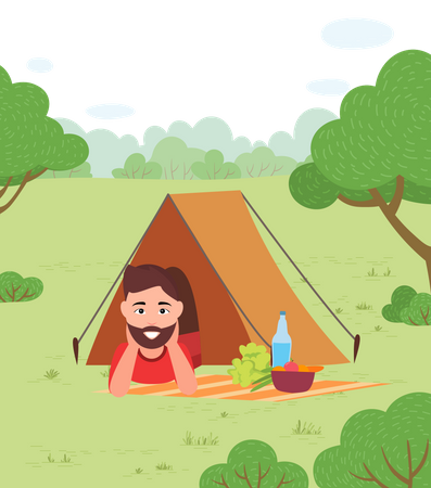 Homem dormindo dentro de barraca de camping  Ilustração