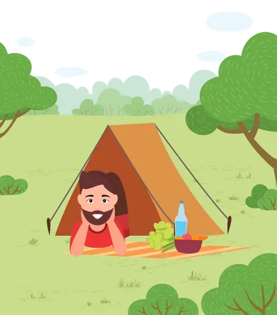 Homem dormindo dentro de barraca de camping  Ilustração