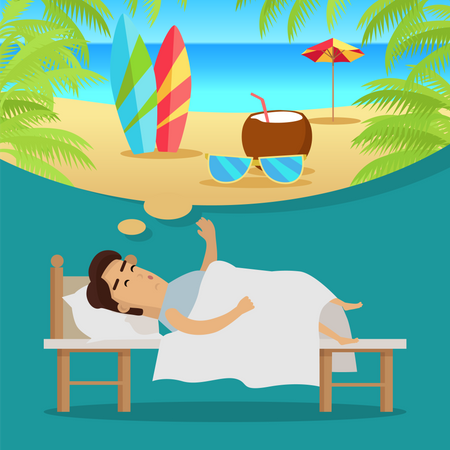 Homem dormindo e sonhando férias na praia  Ilustração
