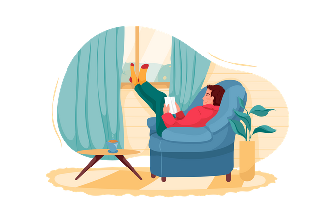 Homem dormindo na cadeira e lendo livro  Ilustração