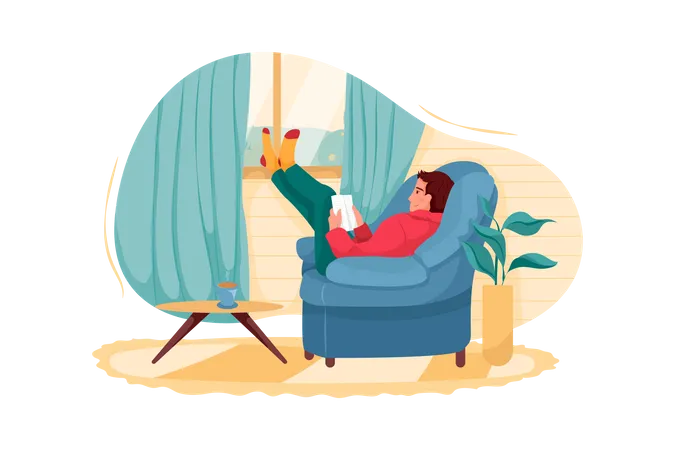 Homem dormindo na cadeira e lendo livro  Ilustração