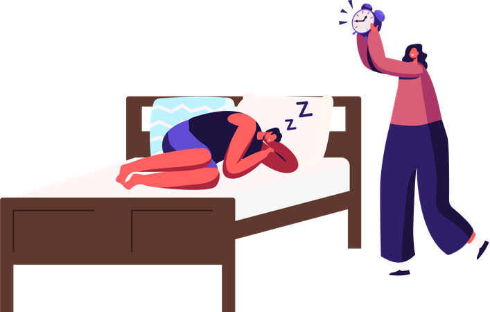 Homem dorme na cama ignorando o despertador  Ilustração