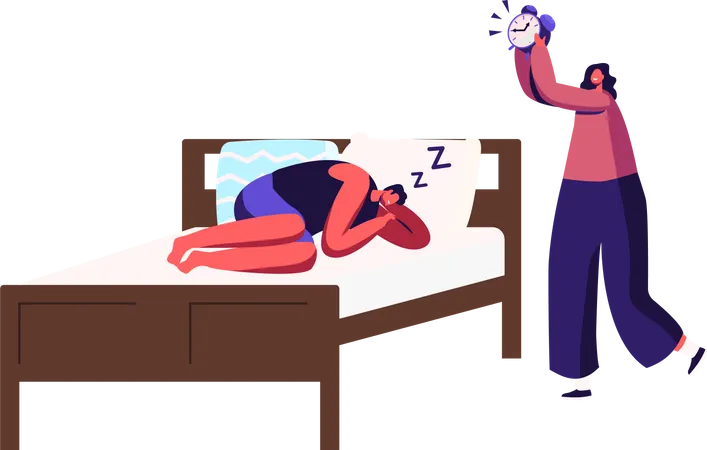 Homem dorme na cama ignorando o despertador  Ilustração