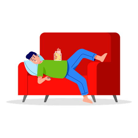 Homem dormindo no sofá enquanto faz um lanche  Ilustração