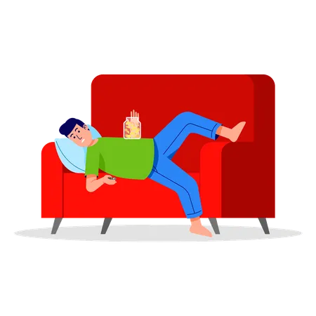 Homem dormindo no sofá enquanto faz um lanche  Ilustração