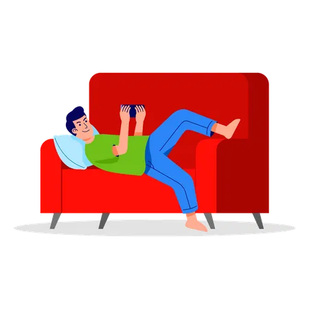 Homem dormindo no sofá enquanto usa smartphone  Ilustração