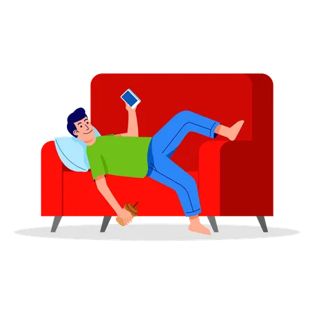 Homem dormindo no sofá enquanto usa smartphone  Ilustração