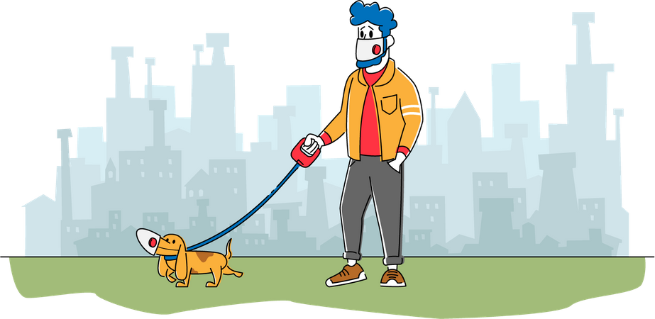 Homem e cachorro com máscaras faciais andando ao ar livre durante a pandemia de coronavírus  Ilustração