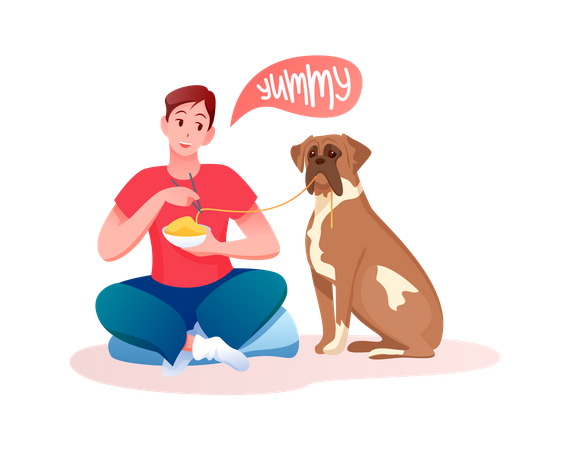 Homem e cachorro comendo comida  Ilustração