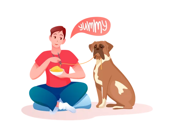 Homem e cachorro comendo comida  Ilustração