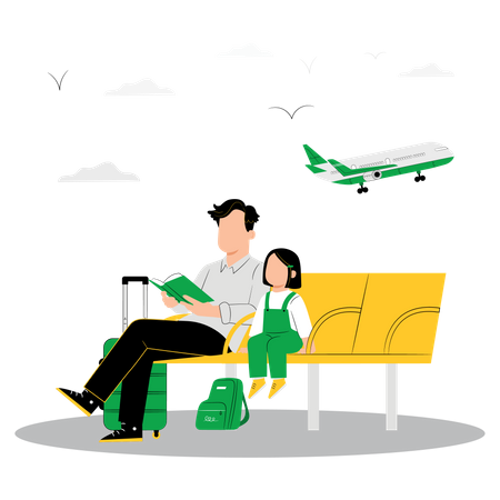 Homem e menina esperando avião  Ilustração