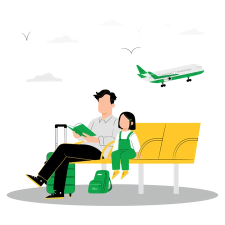 Homem e menina esperando avião  Ilustração