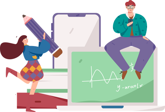 Homem e menina fazendo aula de matemática on-line  Ilustração