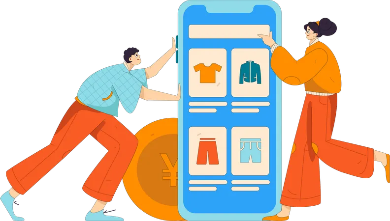 Homem e menina fazendo compras pelo celular  Ilustração