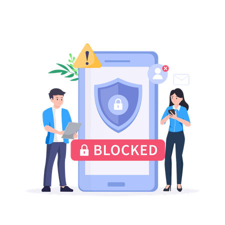 Homem e menina procurando alerta de usuário bloqueado no celular  Ilustração