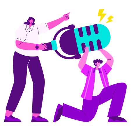 Homem e menina trabalhando em conteúdo de Podcast  Ilustração