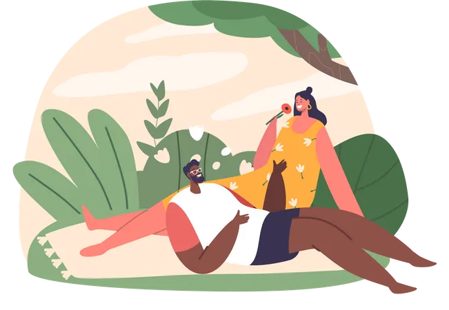 Homem e mulher aproveitam o fim de semana sereno no parque  Ilustração