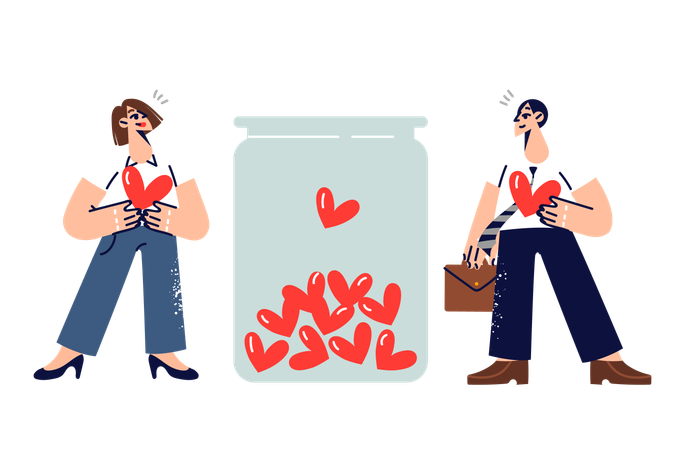 Homem e mulher atuam como doadores coletando sangue para pessoas necessitadas enquanto estão perto de um frasco com corações  Ilustração