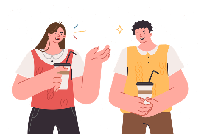 Homem e mulher bebem café para viagem, seguram copos de papel nas mãos e conversam andando pela cidade  Illustration