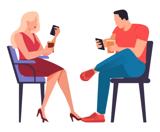 Homem e mulher tomando café enquanto usam o celular  Ilustração