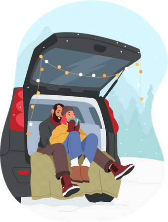 Homem e mulher tomando chá quente sentados no porta-malas de um carro  Ilustração