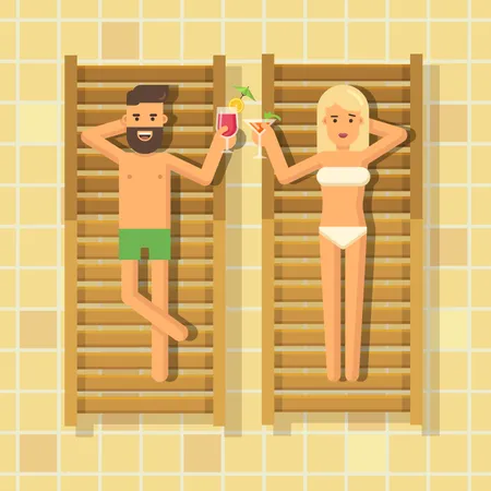 Homem e mulher bebendo coquetéis em espreguiçadeiras à beira da piscina  Ilustração