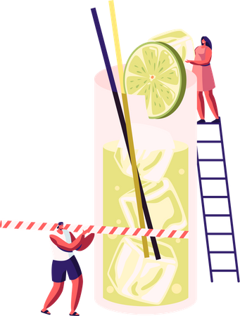 Masculino e feminino bebendo suco de limão no verão  Ilustração