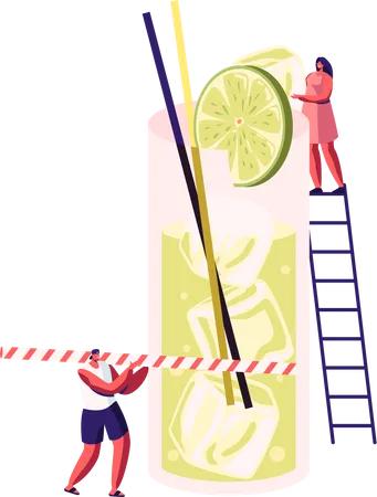 Masculino e feminino bebendo suco de limão no verão  Ilustração