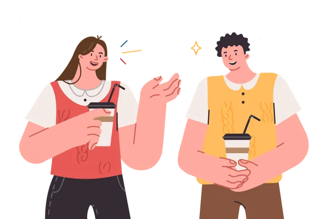 Homem e mulher bebem café para viagem, seguram copos de papel nas mãos e conversam andando pela cidade  Ilustração