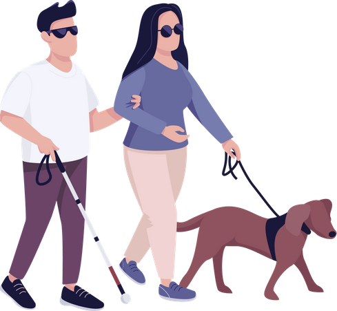 Homem cego e mulher com cão-guia  Ilustração